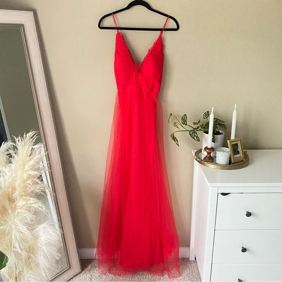 NWT PromGirl Long Open-Back Formal Tulle Prom Dress Red Deep Slit Sides Ballgown - Picture 4 of 9